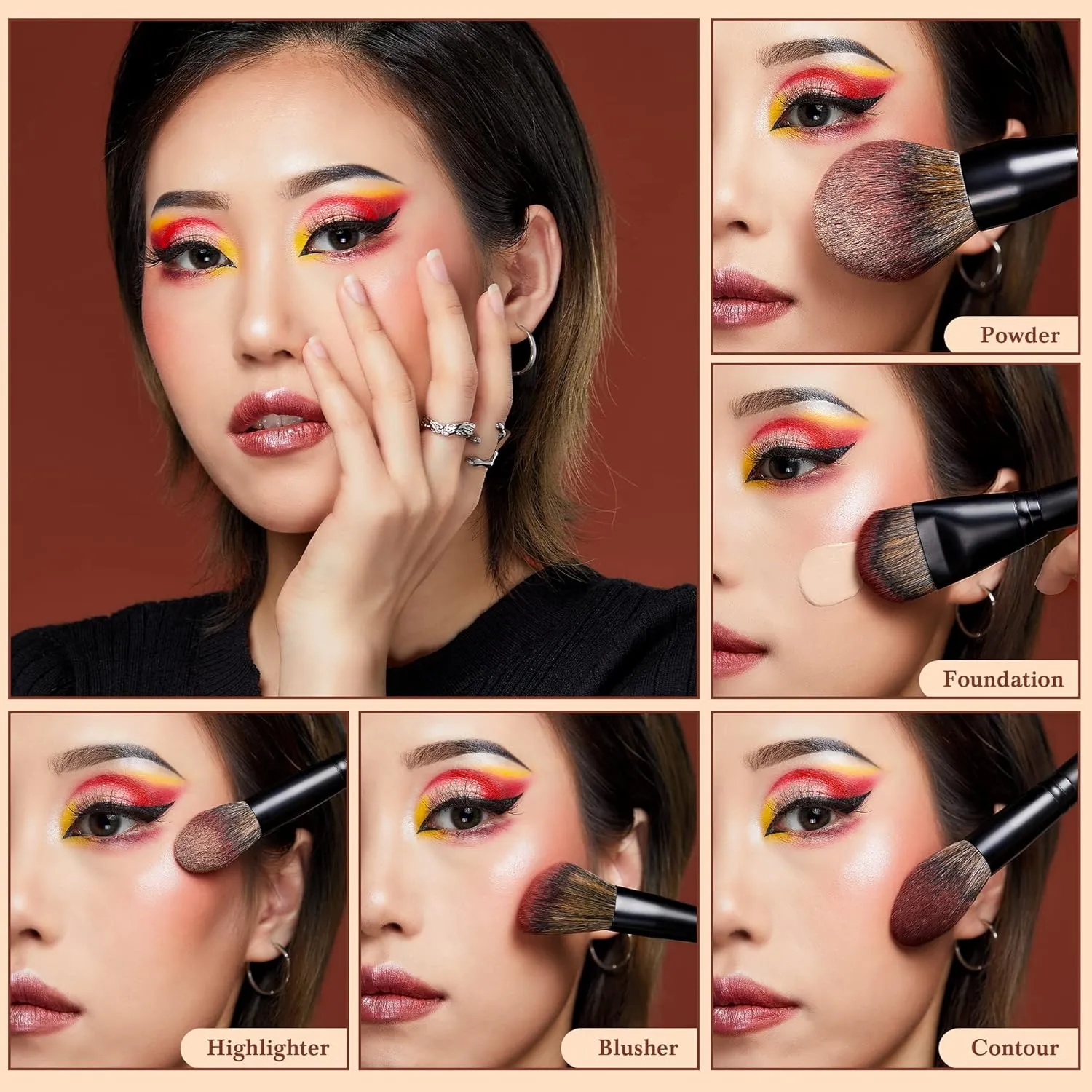 Jessup Large Face Makeup Brushes 5pcs, Premium Synthetic Foundation Powder Contour Blusher Highlighter Brush, Phantom Black T273