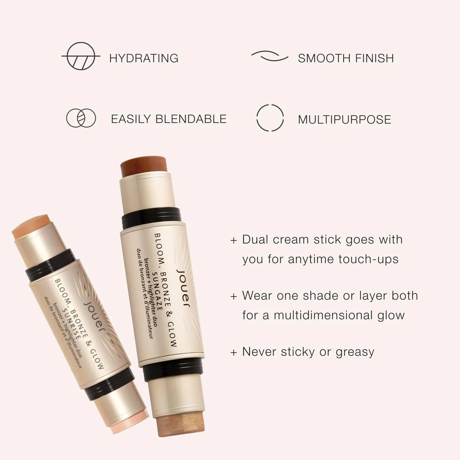 Jouer Bloom, Bronze & Glow Bronzer   Highlighter Stick - Cream Contour Makeup Stick - Hydrating Rose Hip Oil and Squalane Formula, Sunset