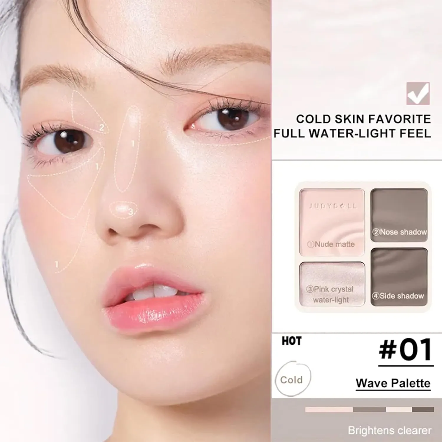 Judy Doll Contour Palette, 2 In 1 Face Highlight Contour Palette, Shades with Highlighter Makeup, Non-greasy, Lasting Sparkling, Sculpt the Face Makeup (#01 Water Waves, 0.32oz)