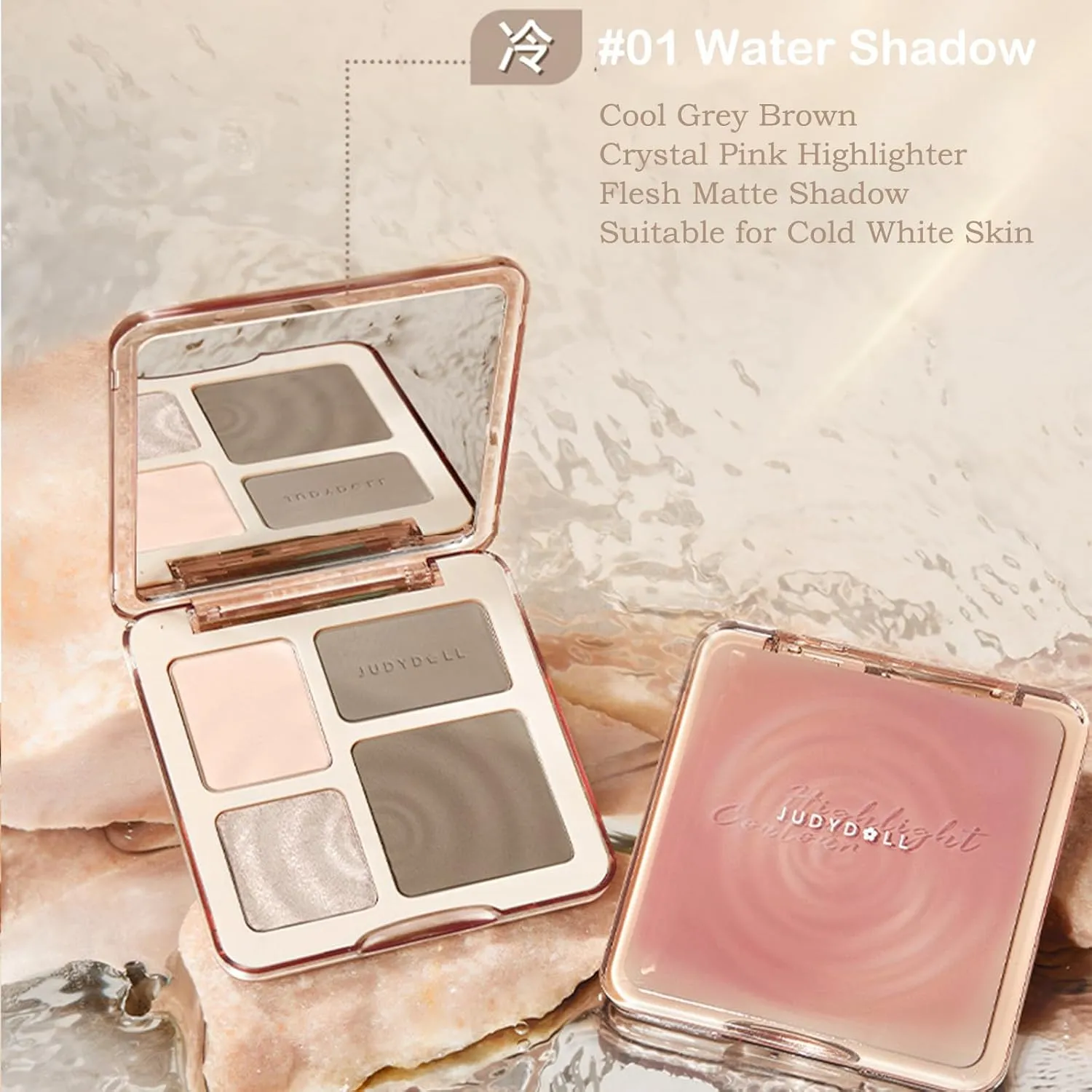 Judy Doll Contour Palette, 2 In 1 Face Highlight Contour Palette, Shades with Highlighter Makeup, Non-greasy, Lasting Sparkling, Sculpt the Face Makeup (#01 Water Waves, 0.32oz)