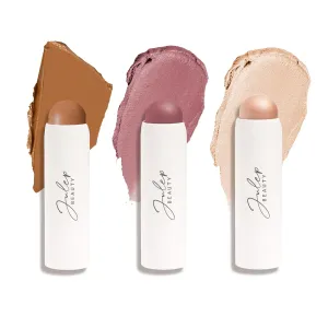 Julep Skip The Brush 2-in-1 Blush and Lip Makeup Stick Contour, Blush, & Highlighter Trio- Sheer Glow (Highlighter), Muted Mauve (Blush), Melted Cocoa (Medium Skin Tones) - 3pc Set