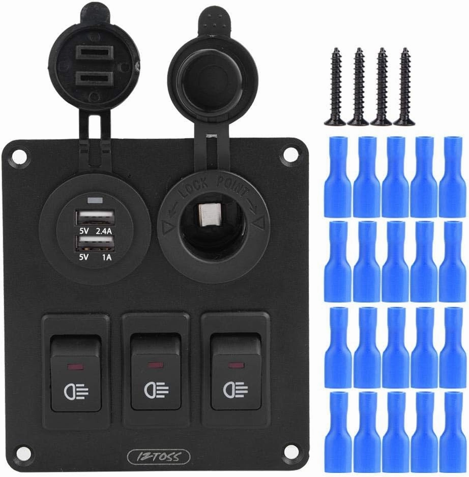 Keenso 3 Gang Rocker Switch Panel Waterproof, Car Marine Combination LED Rocker Switch with Dual USB Cigarette Lighter Socket 12V / 24V for Car Boat Vehicles Truck Trailer Yacht