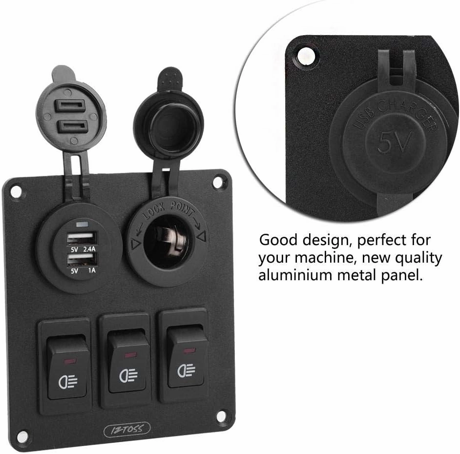 Keenso 3 Gang Rocker Switch Panel Waterproof, Car Marine Combination LED Rocker Switch with Dual USB Cigarette Lighter Socket 12V / 24V for Car Boat Vehicles Truck Trailer Yacht