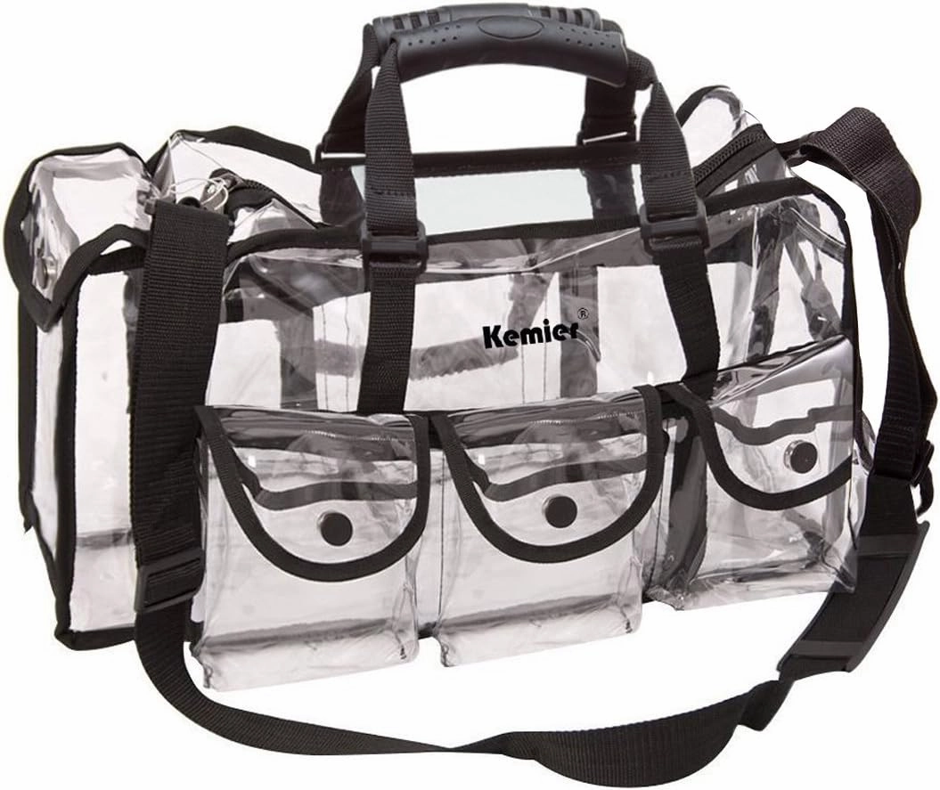 Kemier Clear Travel Makeup Bag with 6 External Pockets,Cosmetic Organizer Case with Shoulder Strap,Large