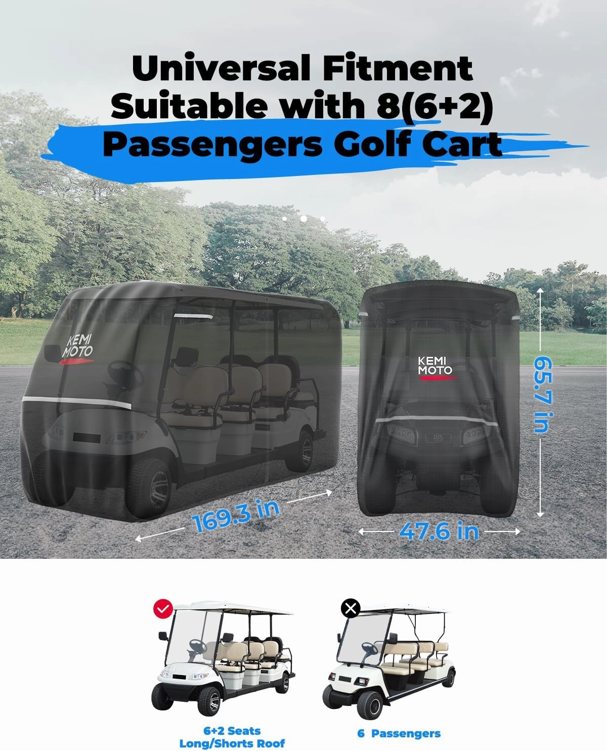 KEMIMOTO Golf Cart Cover, 2/2 2/4/4 2/6/6 2/8 Passenger Heavy Duty Golf Cart Rain Covers with Storage Bag Universal Compatible with EZGO Club Car