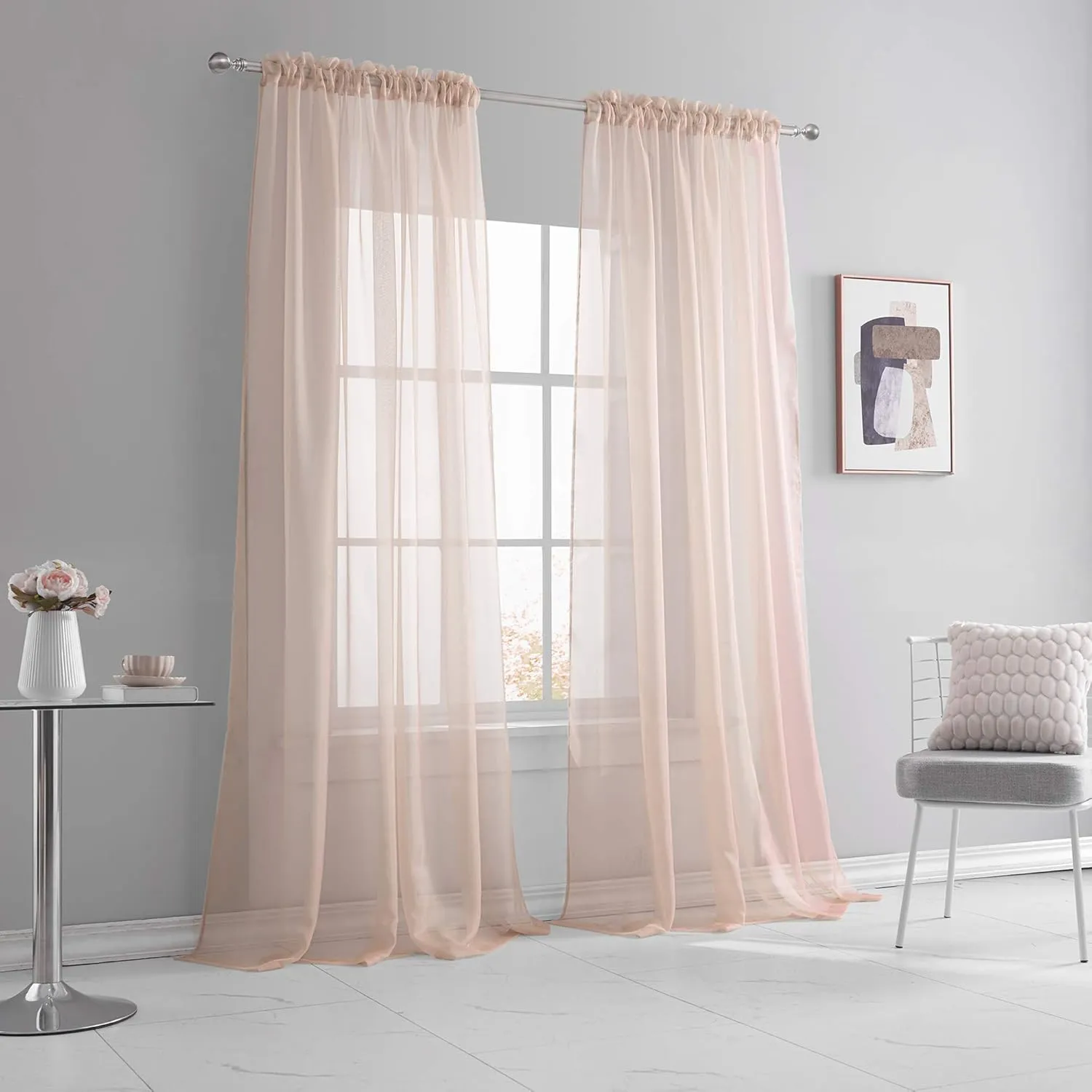 KEQIAOSUOCAI Curtains Blush Pink Sheers Voile Window Panesl 95 Inches Long for Wedding Party Backdrop Rod Pocket Draperies Sheer Sets for Living Room Bed Canopy