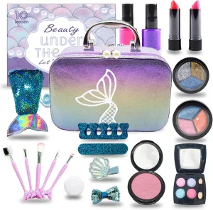 Kids Makeup Set - Non Toxic Washable Mermaid Makeup, Toys for Girls 5-7, 8-12, Mermaid Toys, Real Make Up for Little Girl, Party Gifts for Halloween, Christmas, Birthday