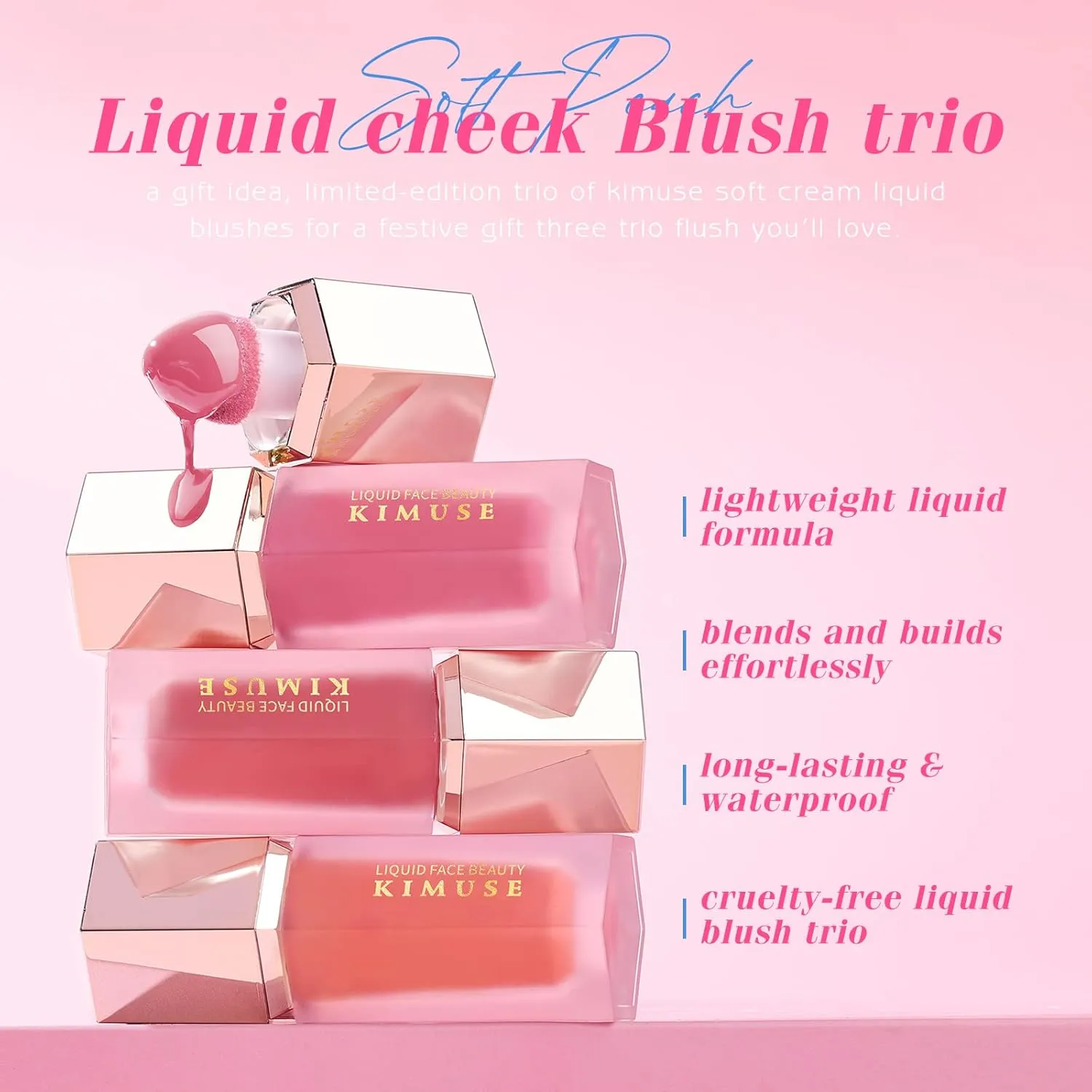 KIMUSE Soft Cream Blush - Liquid Blush for Cheeks, Long-Wearing Pigmented, Waterproof & Smudge Proof, Dewy Finish