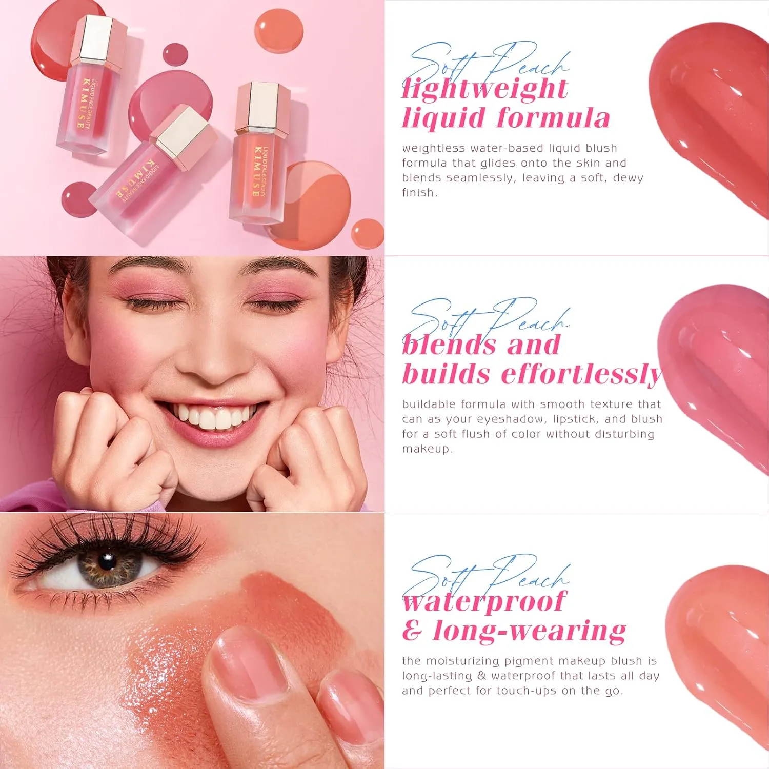 KIMUSE Soft Cream Blush - Liquid Blush for Cheeks, Long-Wearing Pigmented, Waterproof & Smudge Proof, Dewy Finish