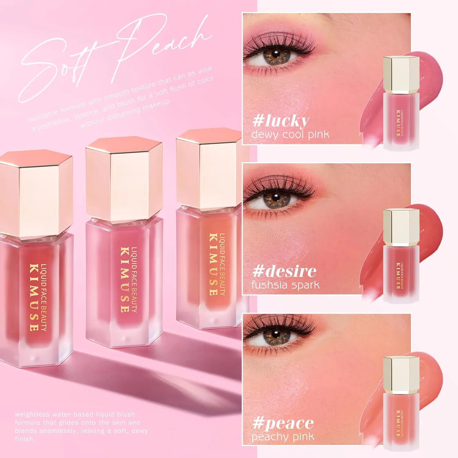 KIMUSE Soft Cream Blush - Liquid Blush for Cheeks, Long-Wearing Pigmented, Waterproof & Smudge Proof, Dewy Finish