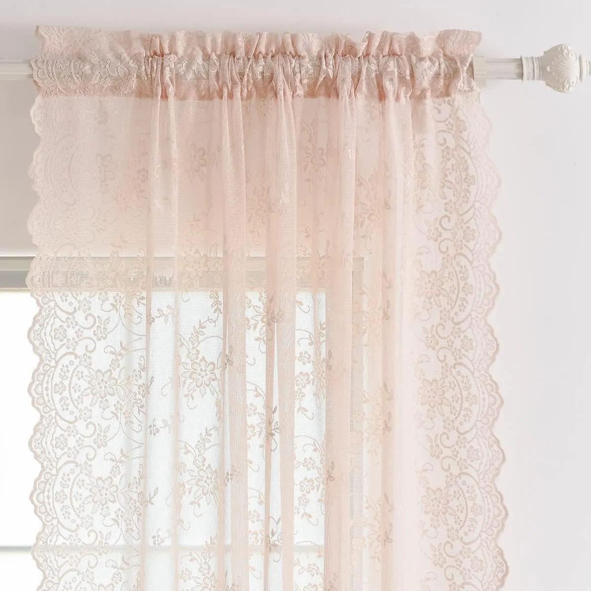 Kotile Blush Lace Curtains 96 Inches Long 2 Panels Set, Embroidery Country Floral Blush Sheer Curtains for Girls Bedroom, Rod Pocket Privacy Sheer Window Curtain, 52 x 96 Inch