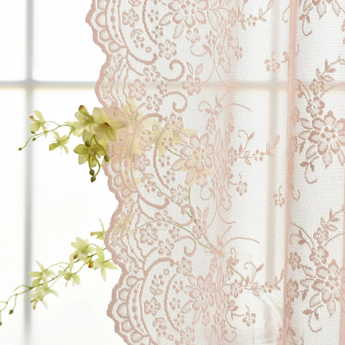 Kotile Blush Lace Curtains 96 Inches Long 2 Panels Set, Embroidery Country Floral Blush Sheer Curtains for Girls Bedroom, Rod Pocket Privacy Sheer Window Curtain, 52 x 96 Inch