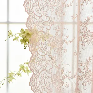 Kotile Blush Lace Curtains 96 Inches Long 2 Panels Set, Embroidery Country Floral Blush Sheer Curtains for Girls Bedroom, Rod Pocket Privacy Sheer Window Curtain, 52 x 96 Inch