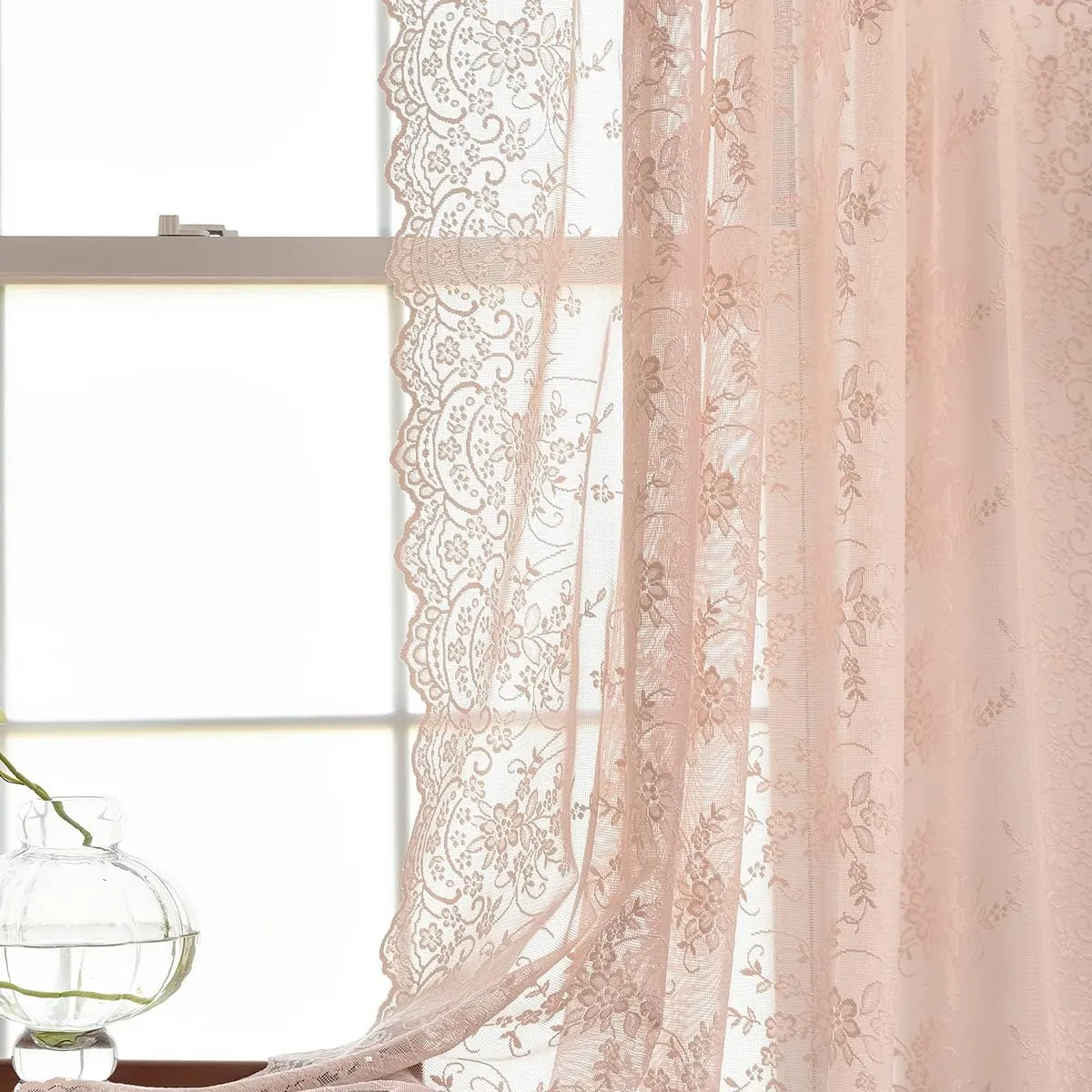 Kotile Blush Lace Curtains 96 Inches Long 2 Panels Set, Embroidery Country Floral Blush Sheer Curtains for Girls Bedroom, Rod Pocket Privacy Sheer Window Curtain, 52 x 96 Inch
