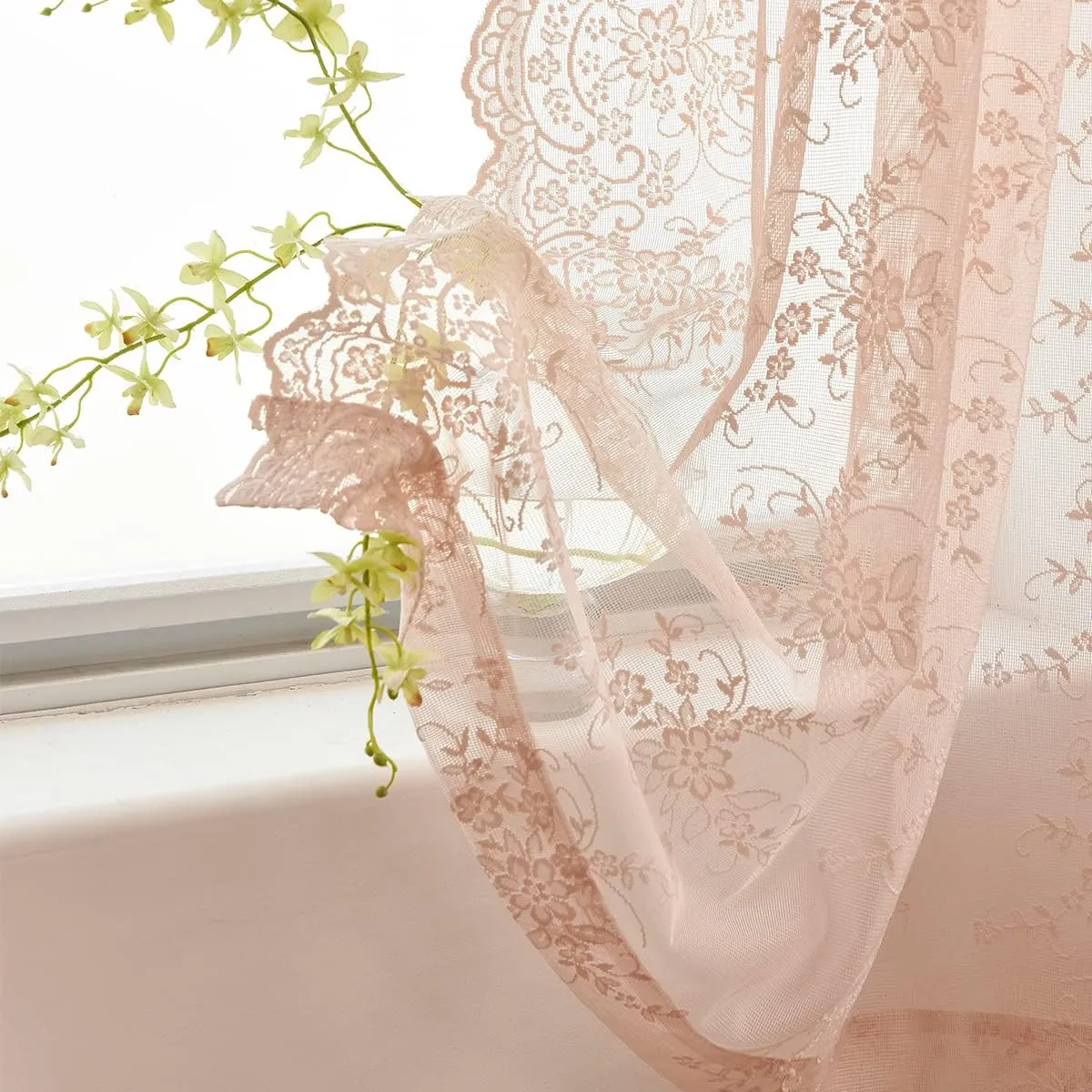 Kotile Blush Lace Curtains 96 Inches Long 2 Panels Set, Embroidery Country Floral Blush Sheer Curtains for Girls Bedroom, Rod Pocket Privacy Sheer Window Curtain, 52 x 96 Inch
