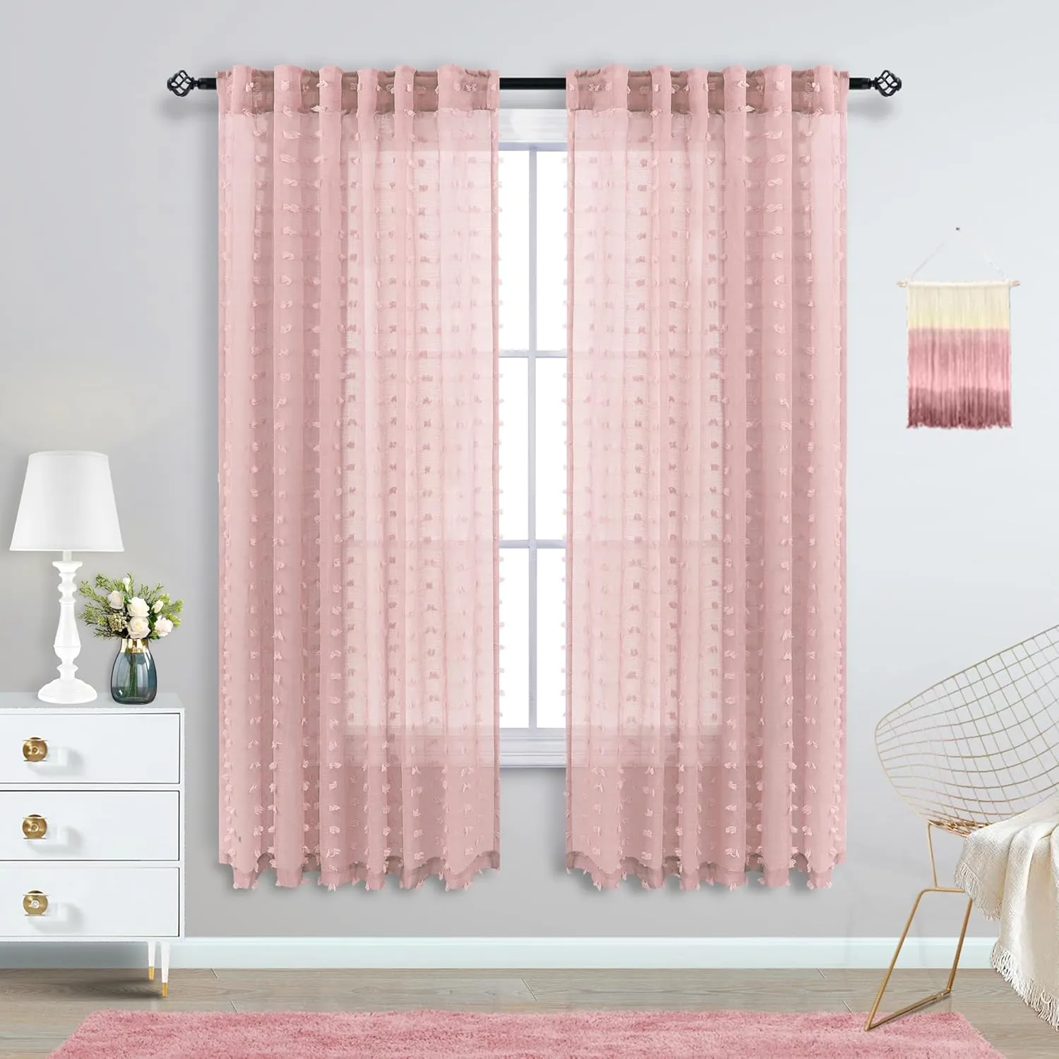 KOUFALL Blush Pink Curtains for Girls Room Baby Nursery Girl,Sheer Boho Pom Pom Kids Curtains for Bedroom,2 Panels 63 Inch Length,Dusty Pink