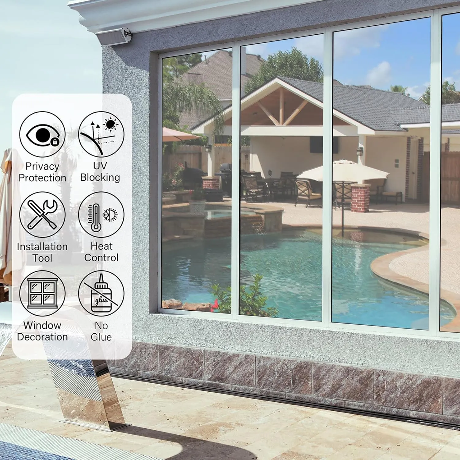 Kromapolis One Way Window Privacy Film Reflective Mirror Home Window Tint, Daytime Privacy Heat Control Anti UV Glass Tinting Static Cling (Silver, 35.4 x 314.9 inch)