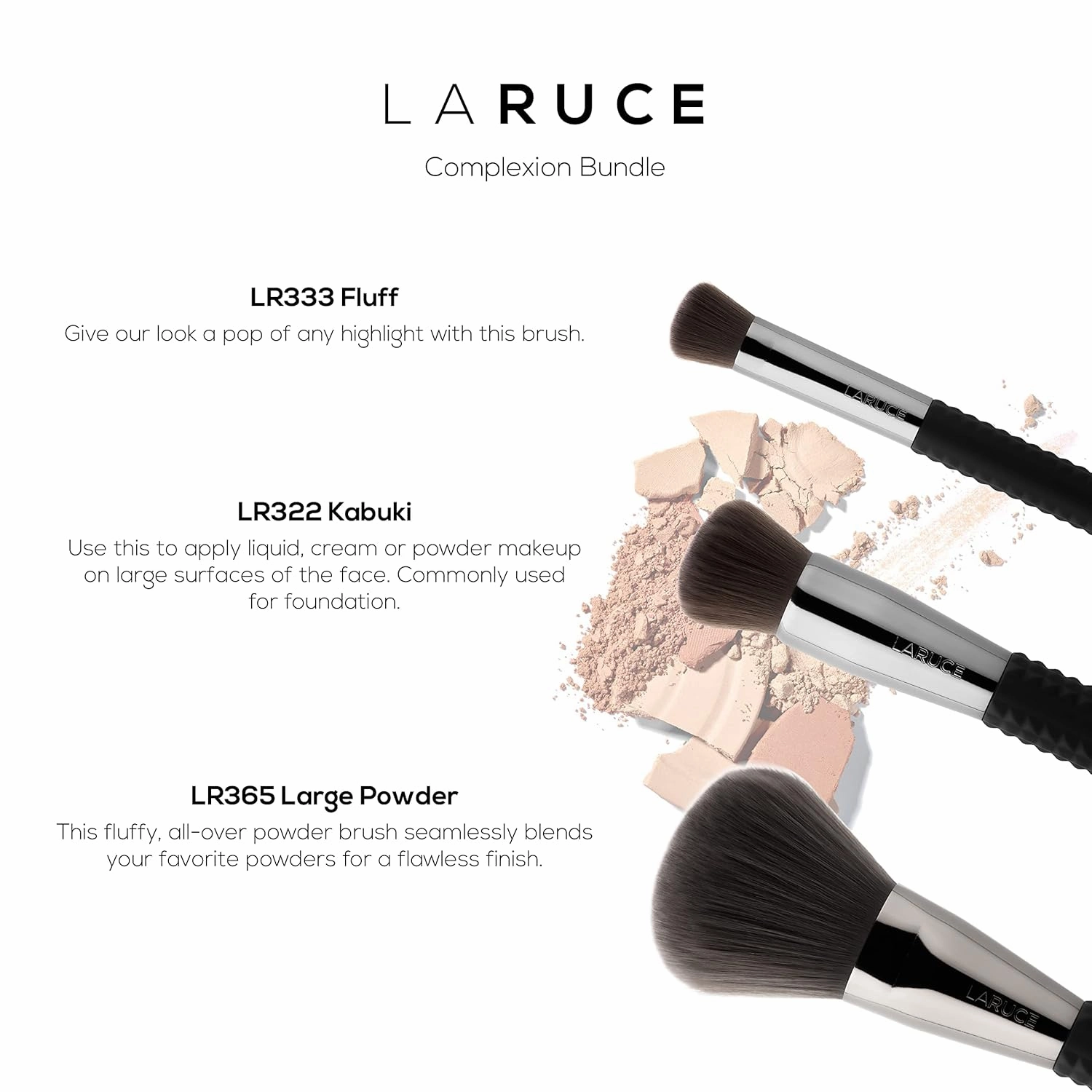 Laruce 3 PC Complexion Brush Bundle Premium Synthetic Kabuki, Fluff, Large Powder Brushes