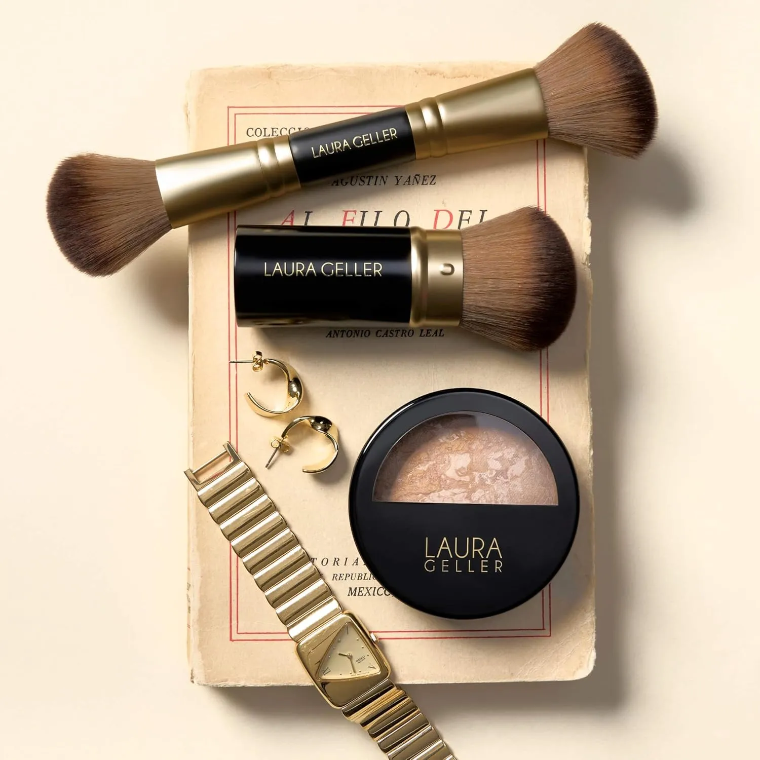 LAURA GELLER NEW YORK Face It All 2pc Makeup Brush Set - Retractable Airbrush Kabuki Brush   Dual-Ended Blush and Bronzer Brush