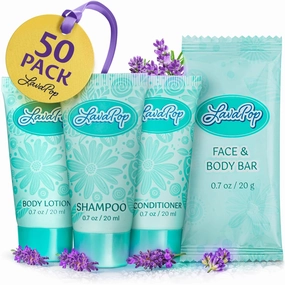 LavaPop - Travel Size Hotel Toiletries Bundle - Iris, Violet & Amber, 0.7 oz each, 200 Pcs - 4-Piece Set: 50 Rectangular Bar Soap, 50 Shampoo, 50 Conditioner & 50 Body Lotion - Bulk Small Toiletries
