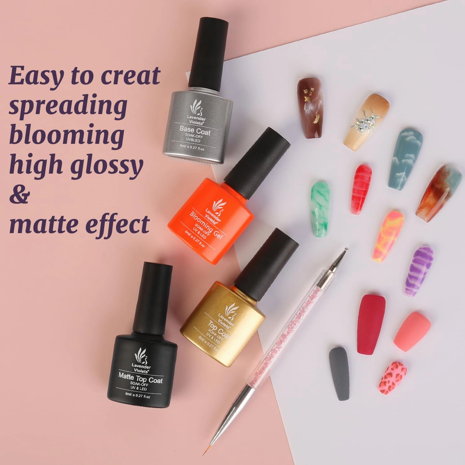 Lavender Violets Gel Nail Polish Set,Base,Glossy n Matte Top Coat,Blooming Gel Liner Pen Classical Solid Colors Nude Red Blue Glitter Sliver Green Gold French Nail Art Gifts for Women UV Varnish C997