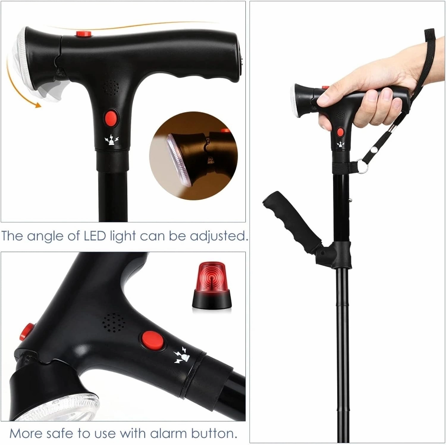 LED Light Safety Walking Stick for Old Man Folding Trekking Poles T-Handle Hiking Poles Cane Walking Stick for Elders Crutch