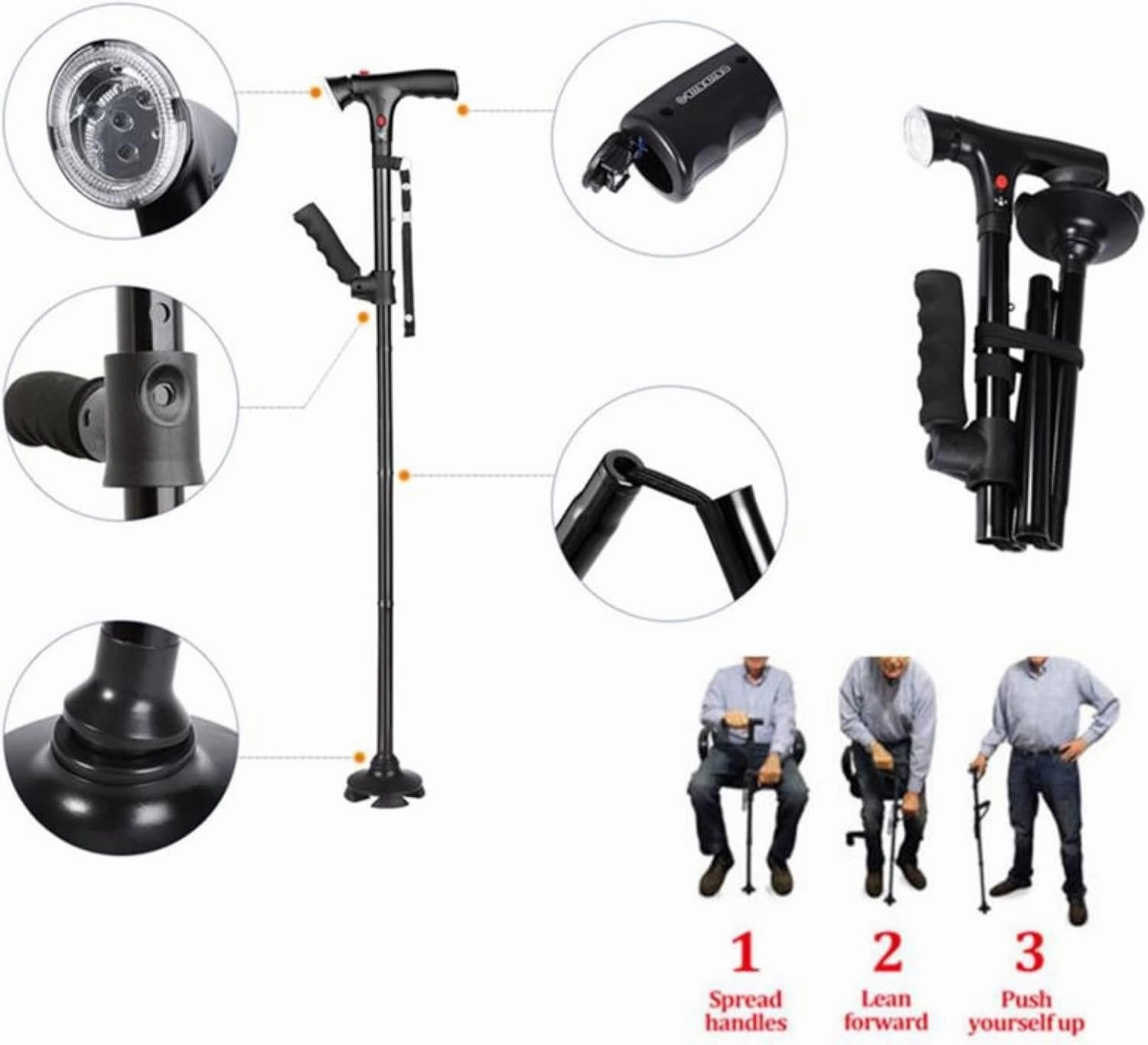 LED Light Safety Walking Stick for Old Man Folding Trekking Poles T-Handle Hiking Poles Cane Walking Stick for Elders Crutch