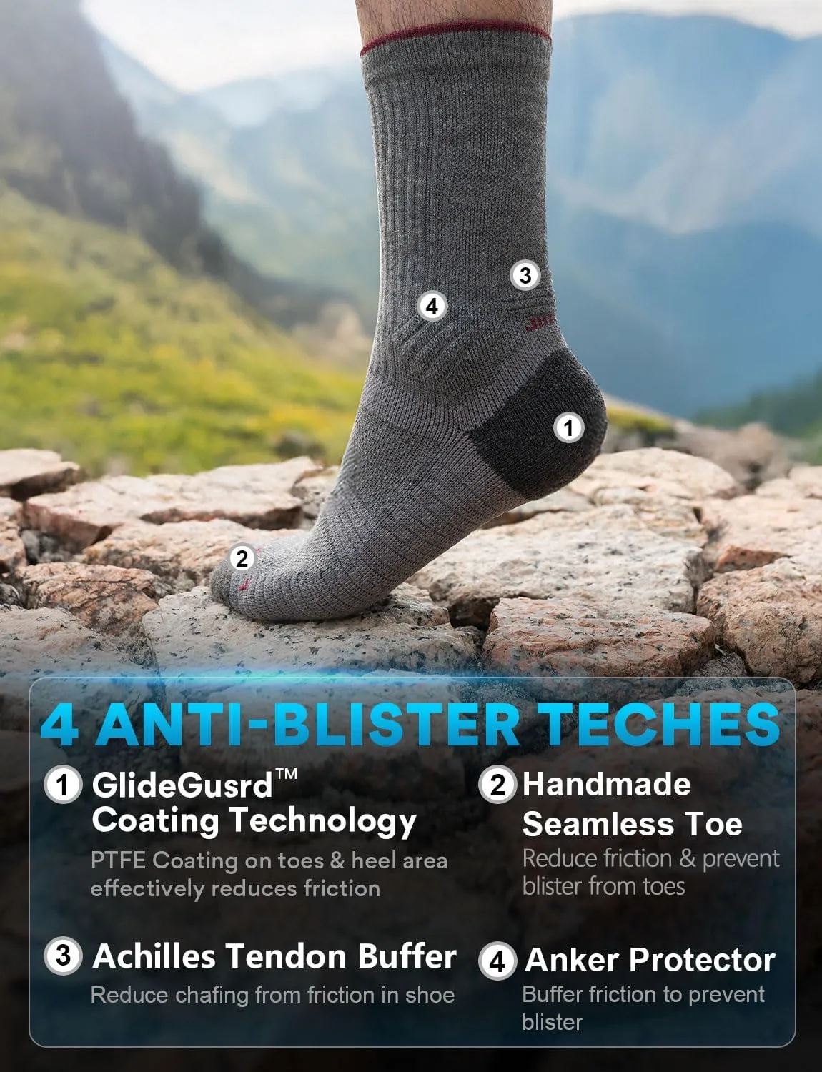 Lightweight Micro Crew Hiking Socks Coolmax Merino Wool Compression Moisture Wicking Anti-Blister Cushioned