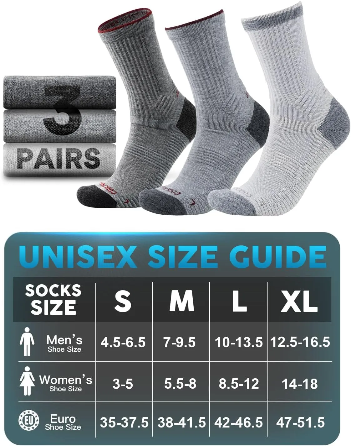 Lightweight Micro Crew Hiking Socks Coolmax Merino Wool Compression Moisture Wicking Anti-Blister Cushioned