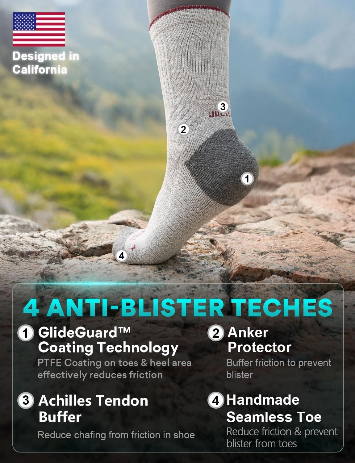 Lightweight Micro Crew Hiking Socks Coolmax Merino Wool Compression Moisture Wicking Anti-Blister Cushioned