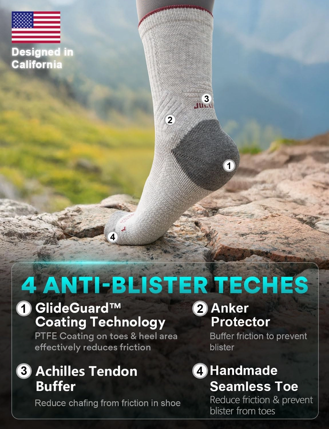 Lightweight Micro Crew Hiking Socks Coolmax Merino Wool Compression Moisture Wicking Anti-Blister Cushioned