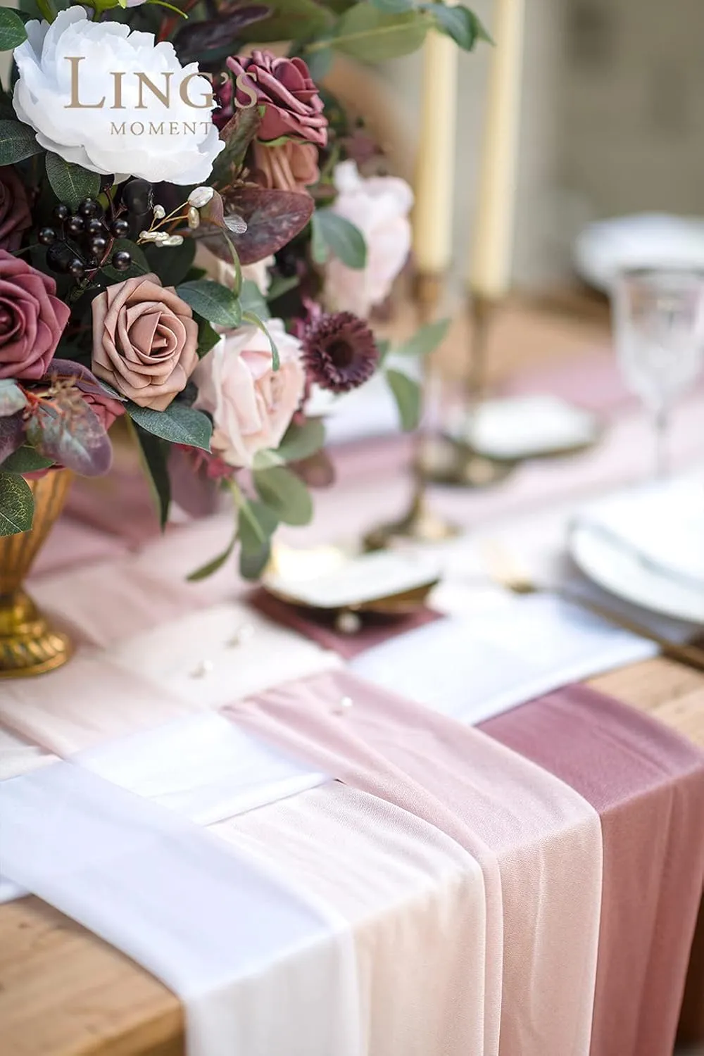 Ling's Moment 10ft Dusty Rose Weave Chiffon Like Table Runner with Silver Sparkle Blush Pink Table Runners for Wedding Sweetheart Table (Set of 8, Shades of Dusty Rose)