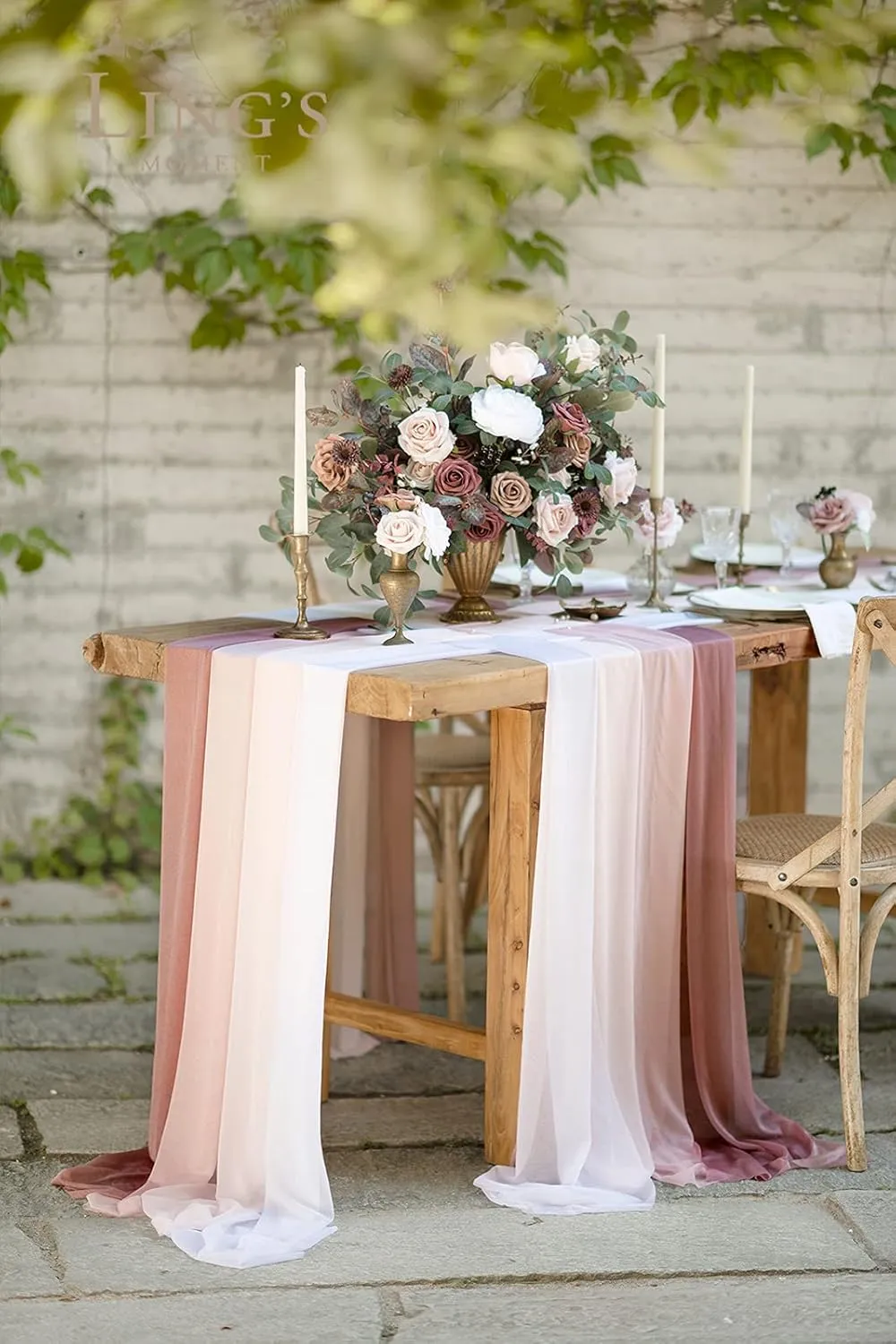 Ling's Moment 10ft Dusty Rose Weave Chiffon Like Table Runner with Silver Sparkle Blush Pink Table Runners for Wedding Sweetheart Table (Set of 8, Shades of Dusty Rose)