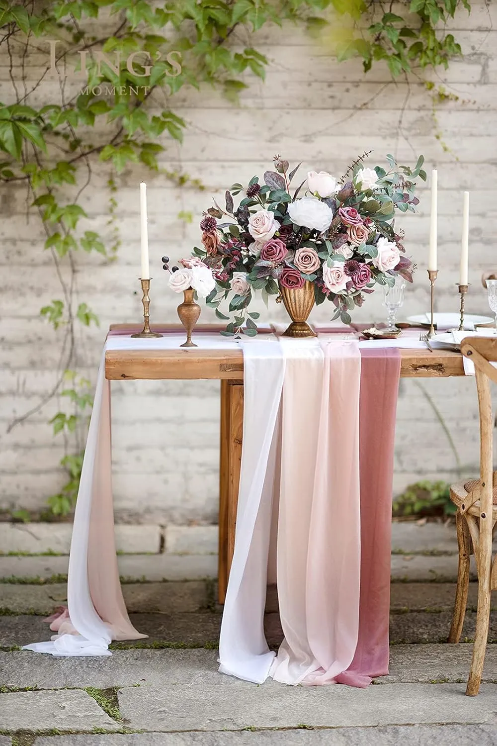 Ling's Moment 10ft Dusty Rose Weave Chiffon Like Table Runner with Silver Sparkle Blush Pink Table Runners for Wedding Sweetheart Table (Set of 8, Shades of Dusty Rose)