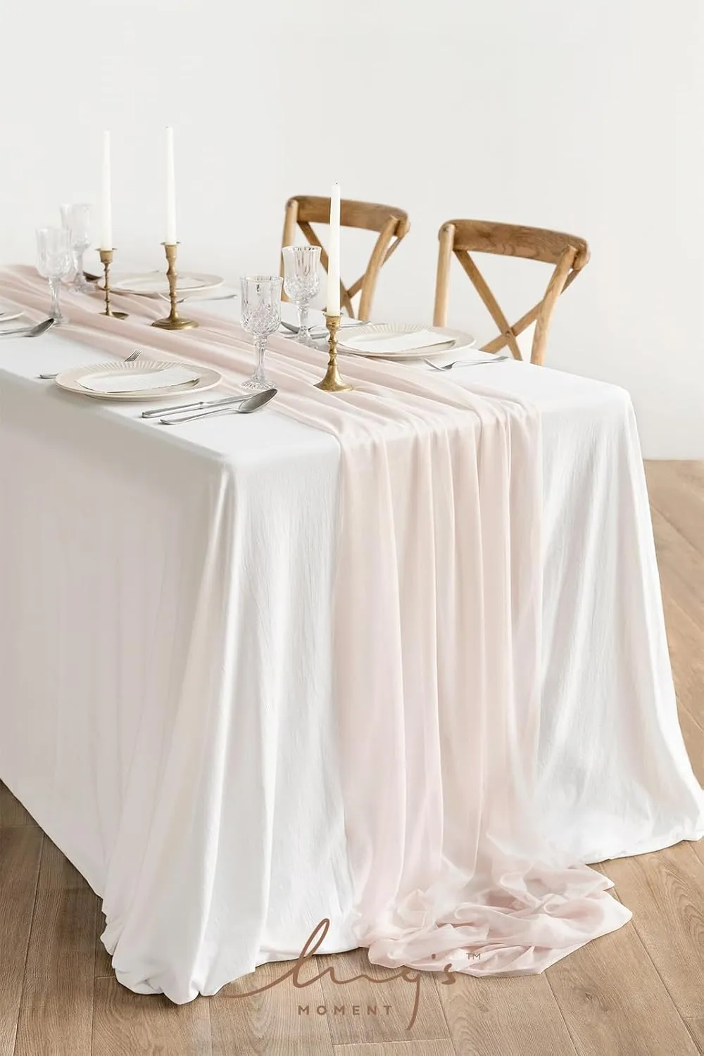 Ling's Moment 14Ft Blush Sheer Chiffon Like Table Runner with Silver Sparkle Dusty Pink Table Runners for Rustic Wedding Reception Bridal Shower Decorations Birthday Party