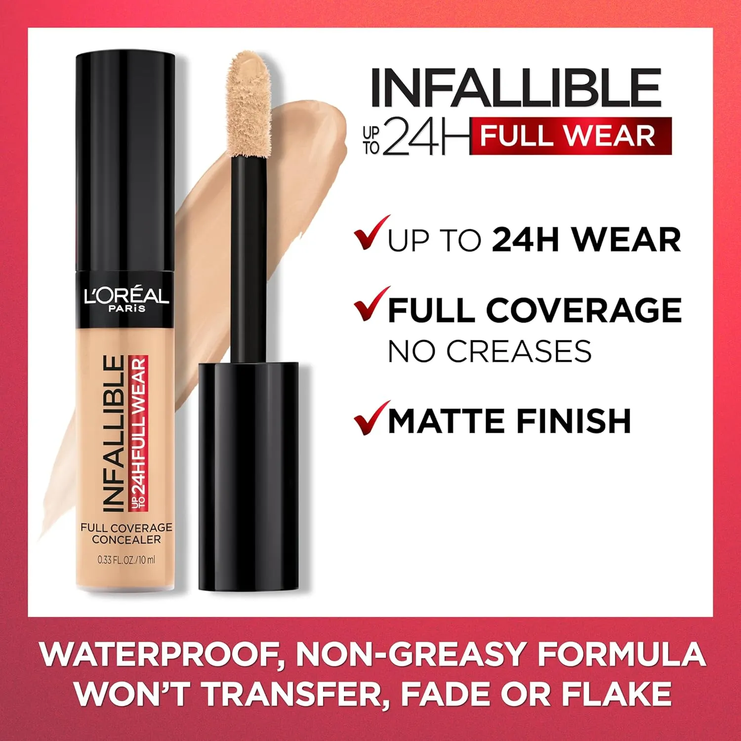 L'Oreal Paris Makeup Infallible Full Wear Waterproof Matte Concealer, Full Coverage, Almond, 0.33 fl. oz.
