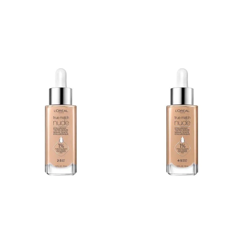 L'Oreal Paris True Match Nude Hyaluronic Tinted Serum Foundation Bundle with Light 2-3 and Medium 4-5 Shades, 1 fl. oz. Each