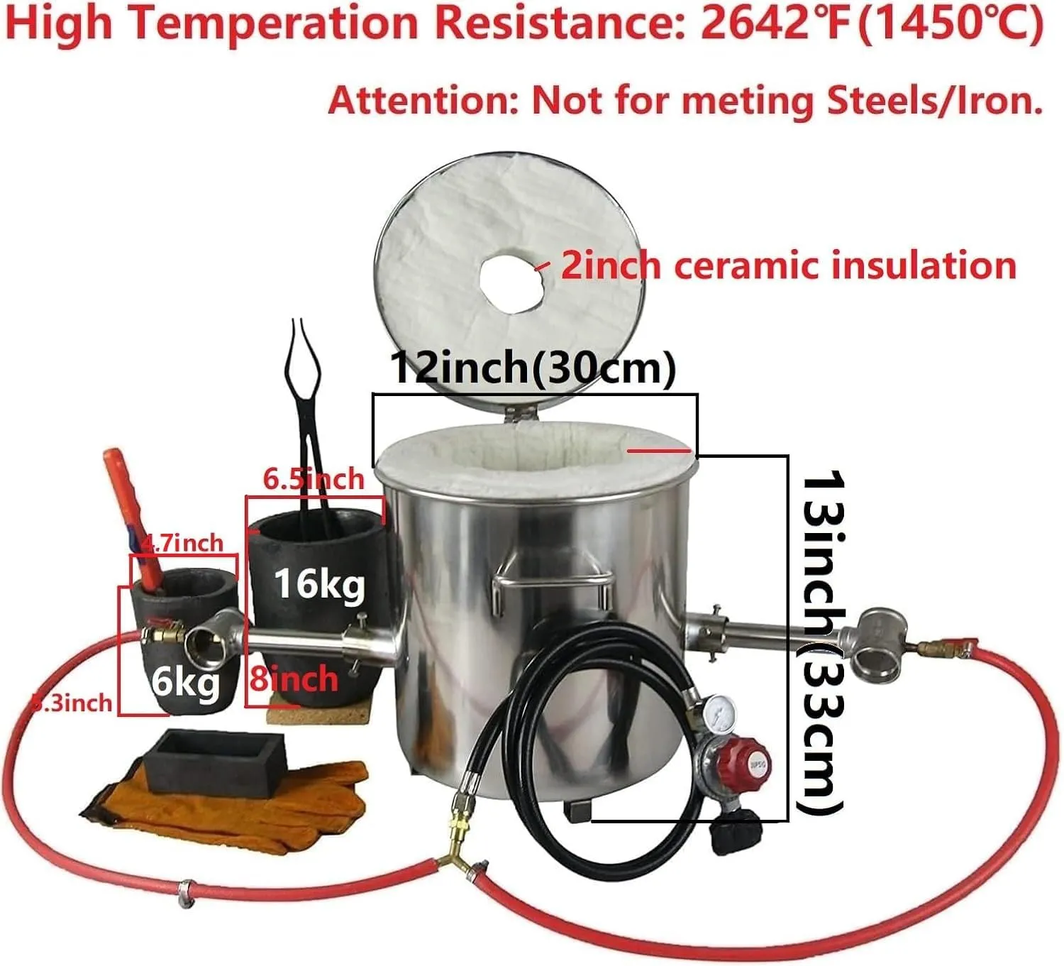 LSMIITTH 16KG/35lbs Gas Metal Melting Furnace Kit 2642°F / 1450°C Propane Forge Dual Burner (Each 100,000 BTU) Foundry Home Kiln Smelting Casting Tool Refining Recycle Brass,Gold,Silver