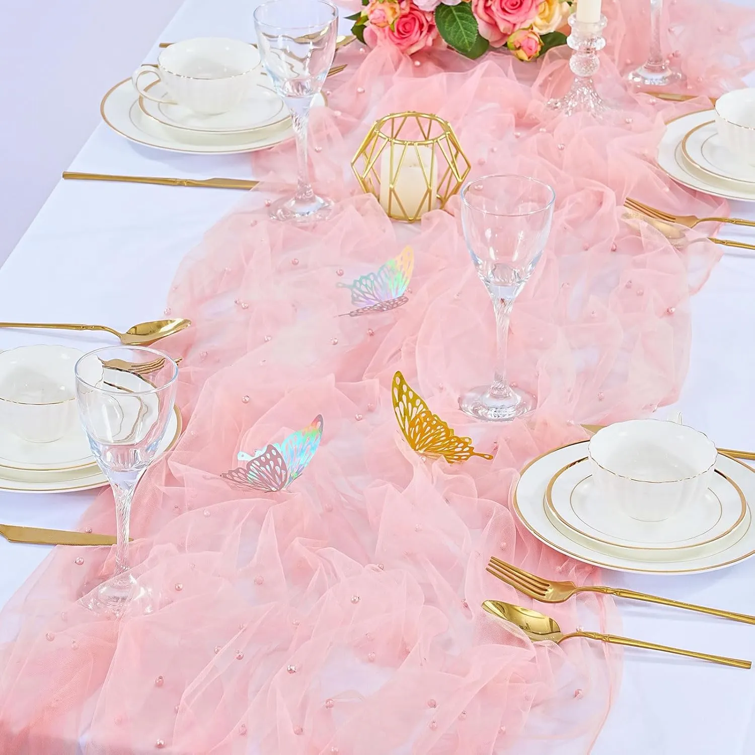 LuoluoHouse Blush Pearl Table Cloth: Wedding Table Runner Decor 10ft Tulle Fabric for Party Bridal Shower Wedding Arch Veil Lace Table Runner Decorations 60x120 Inch