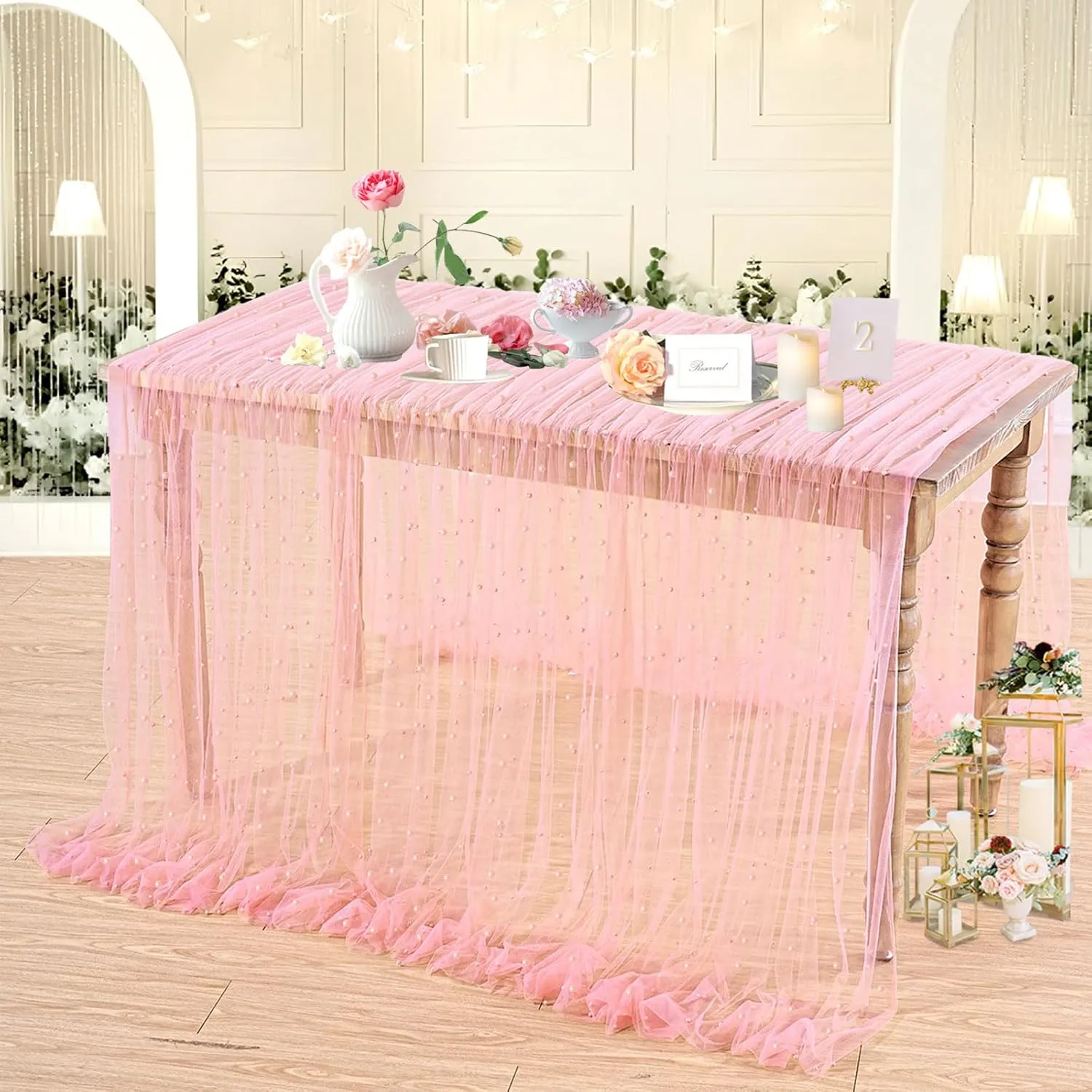 LuoluoHouse Blush Pearl Table Cloth: Wedding Table Runner Decor 10ft Tulle Fabric for Party Bridal Shower Wedding Arch Veil Lace Table Runner Decorations 60x120 Inch