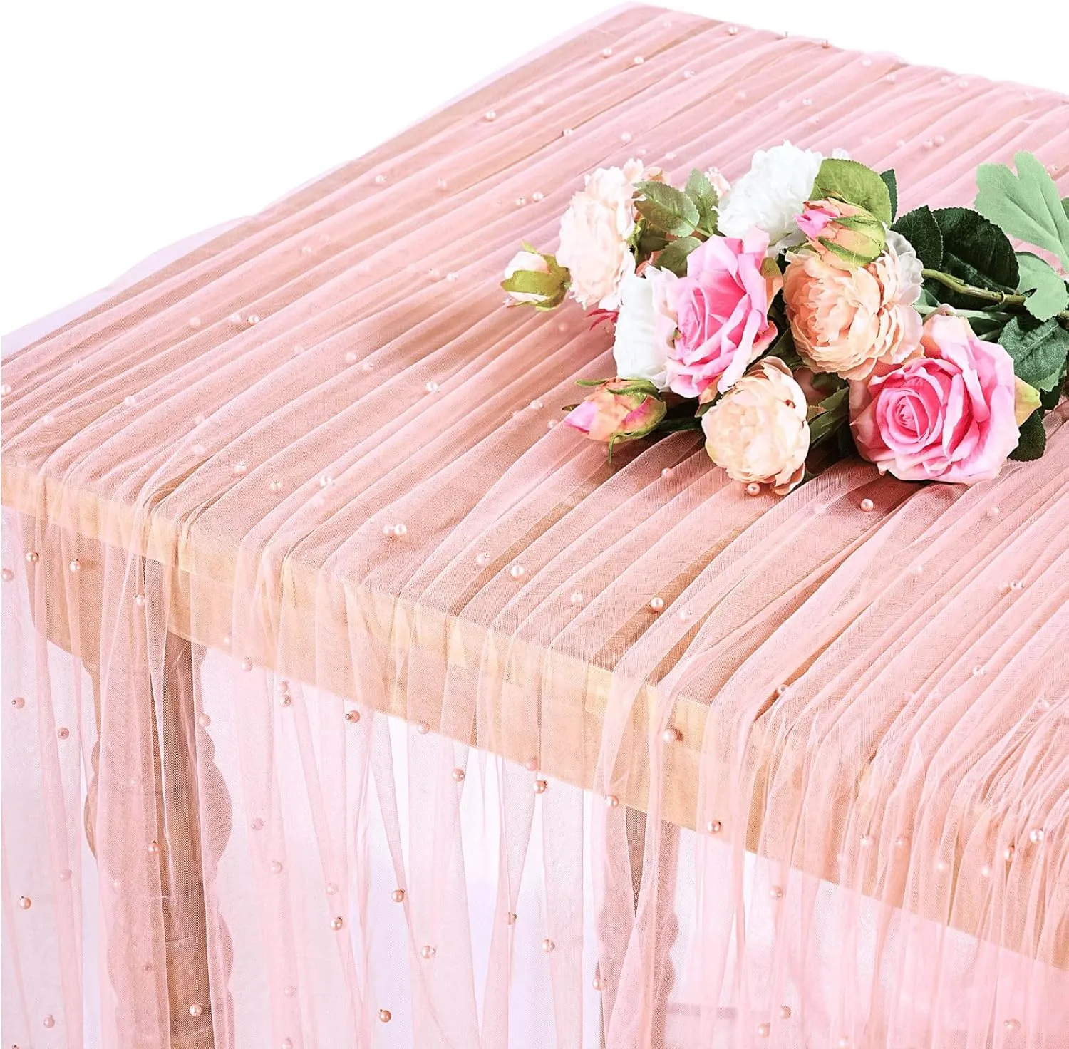 LuoluoHouse Blush Pearl Table Cloth: Wedding Table Runner Decor 10ft Tulle Fabric for Party Bridal Shower Wedding Arch Veil Lace Table Runner Decorations 60x120 Inch