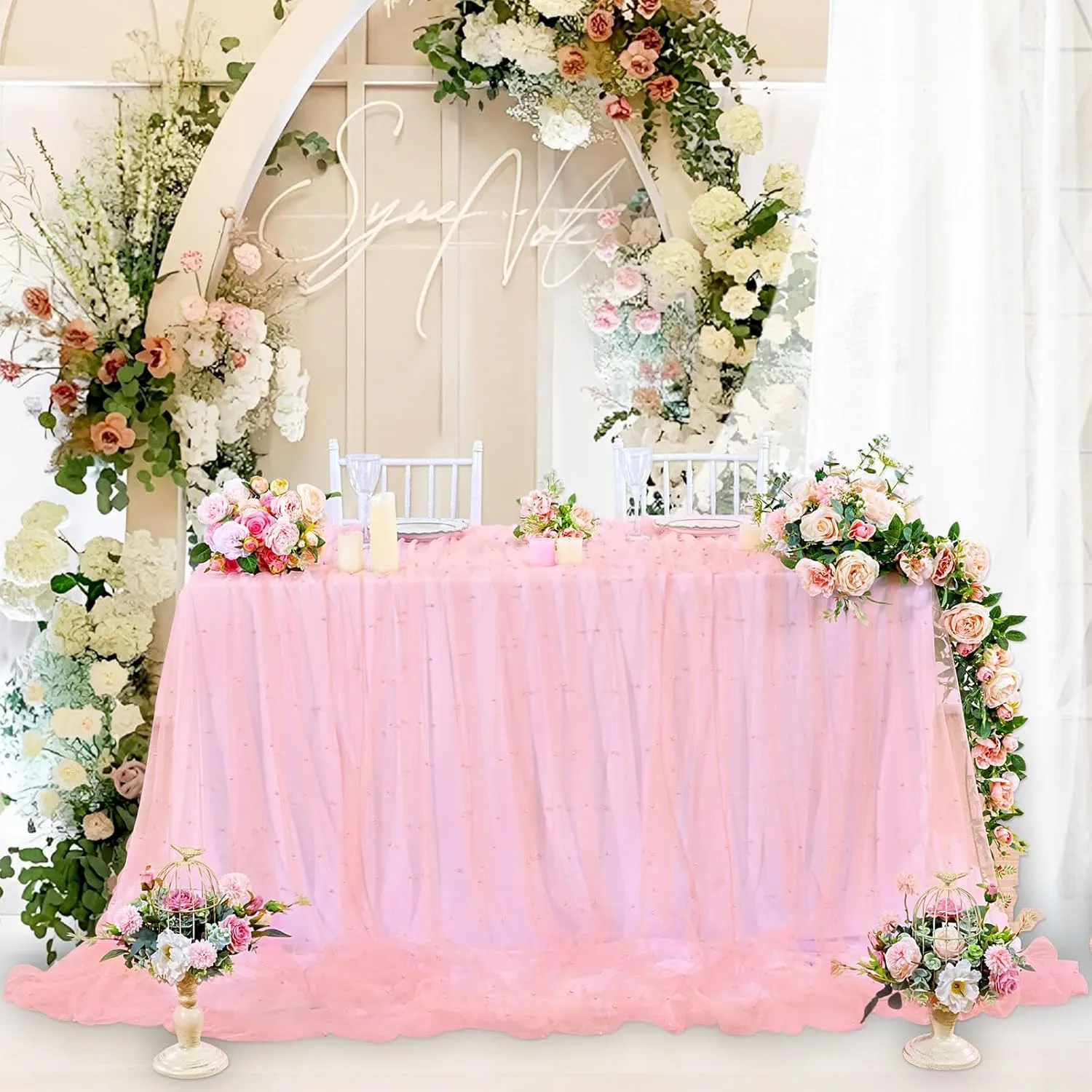 LuoluoHouse Blush Pearl Table Cloth: Wedding Table Runner Decor 10ft Tulle Fabric for Party Bridal Shower Wedding Arch Veil Lace Table Runner Decorations 60x120 Inch