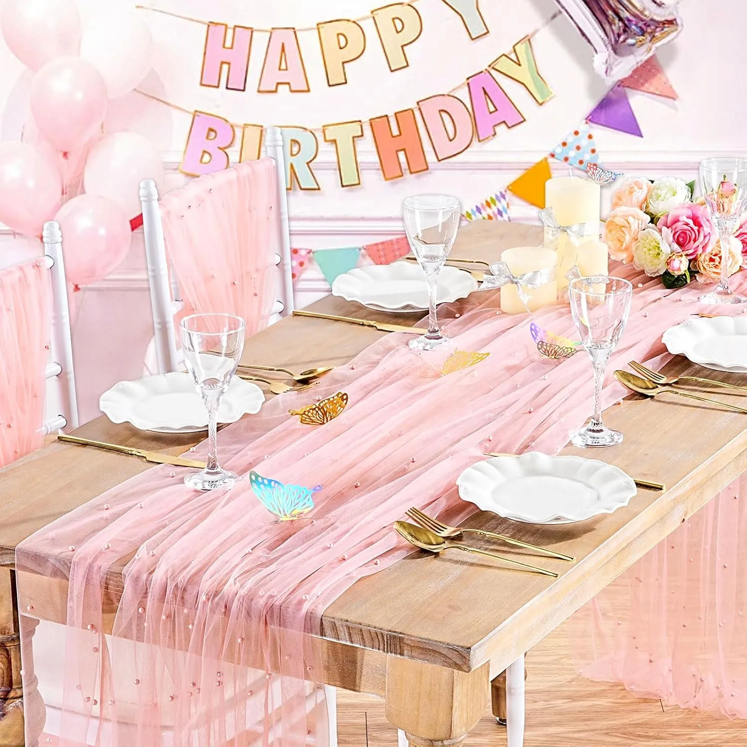 LuoluoHouse Blush Pearl Table Cloth: Wedding Table Runner Decor 10ft Tulle Fabric for Party Bridal Shower Wedding Arch Veil Lace Table Runner Decorations 60x120 Inch