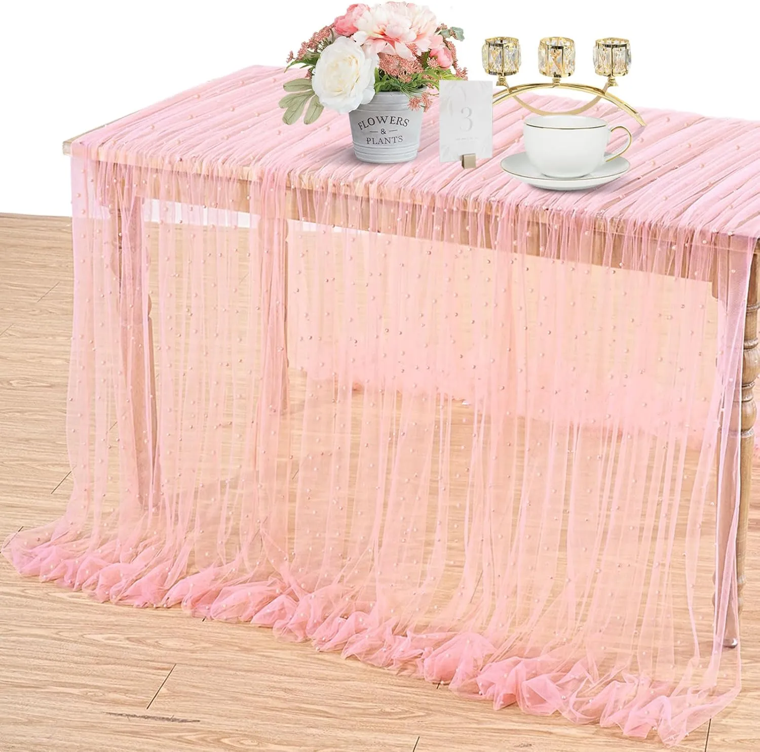 LuoluoHouse Blush Pearl Table Cloth: Wedding Table Runner Decor 10ft Tulle Fabric for Party Bridal Shower Wedding Arch Veil Lace Table Runner Decorations 60x120 Inch