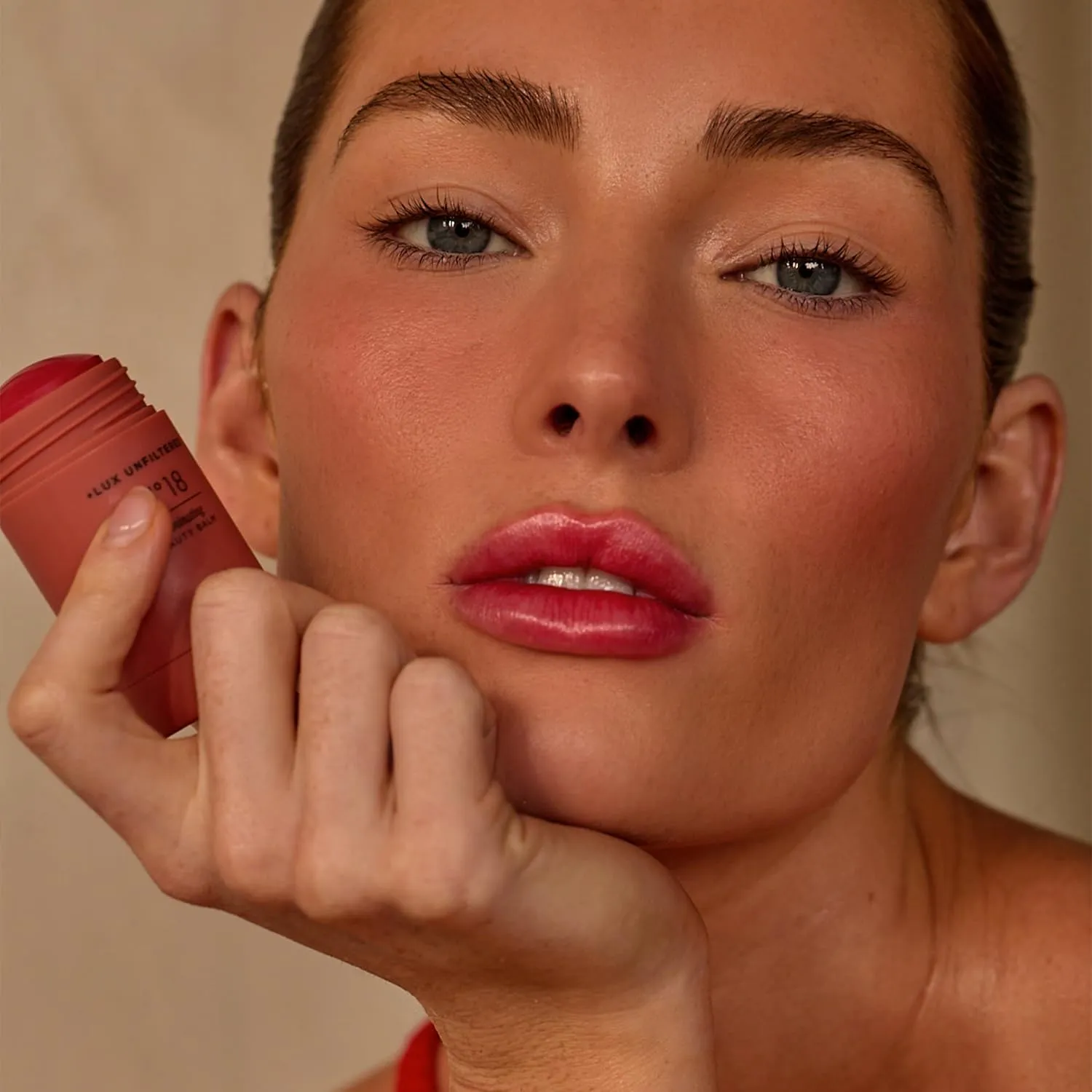   Lux Unfiltered N°18 Illuminating Beauty Balm - Cream Blush Stick with Mango Butter - Buildable and Blendable Shimmer Blush Makeup Stick - Vegan & Cruelty Free - Chili (A Spicy Sheer Red)