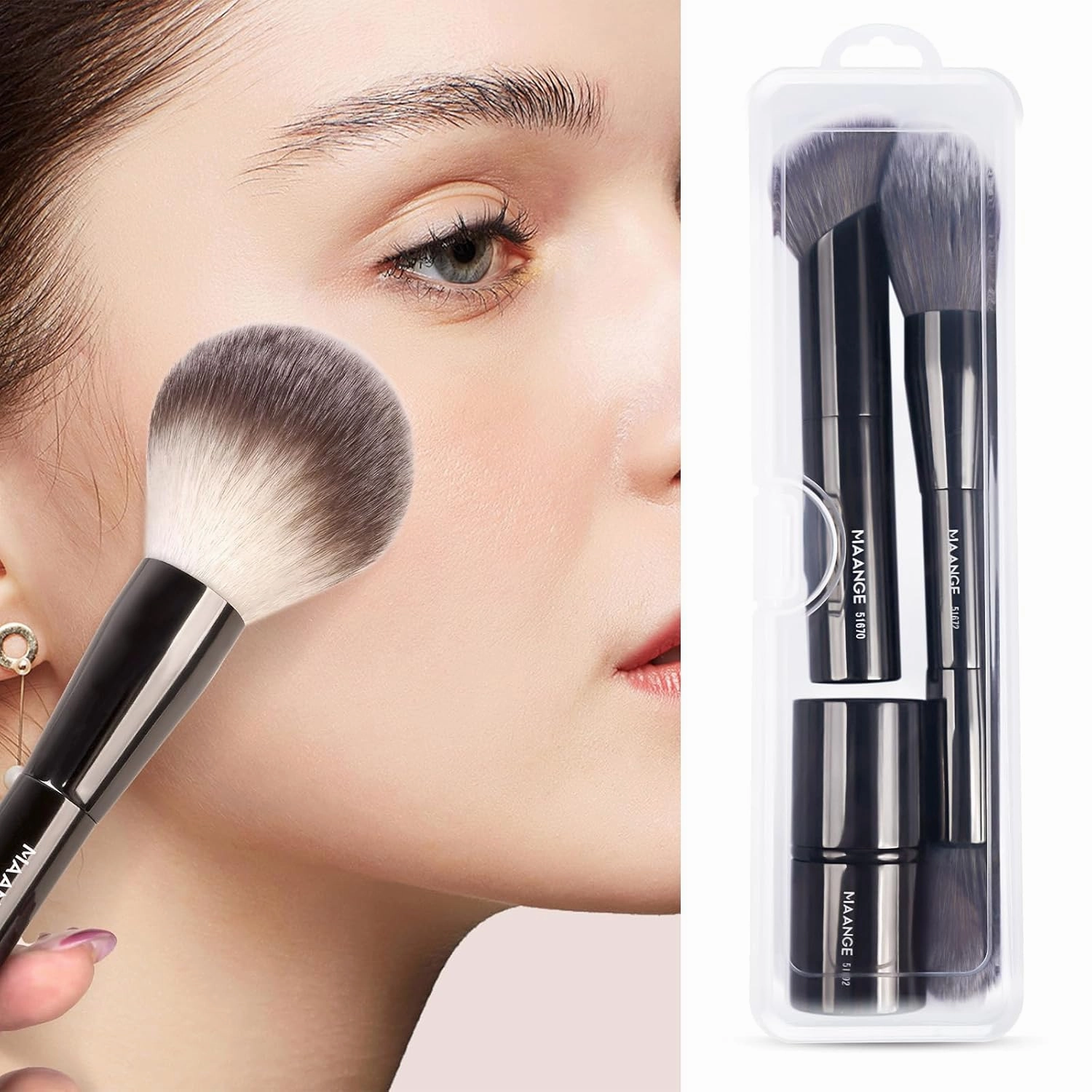 MAANGE 3 PCS Foundation Makeup Brush Set, Double-ended Kabuki Brush for Contour Liquid Powder Concealer Cream Cosmetics Blending Blush Buffing Face Makeup Tools (Black)