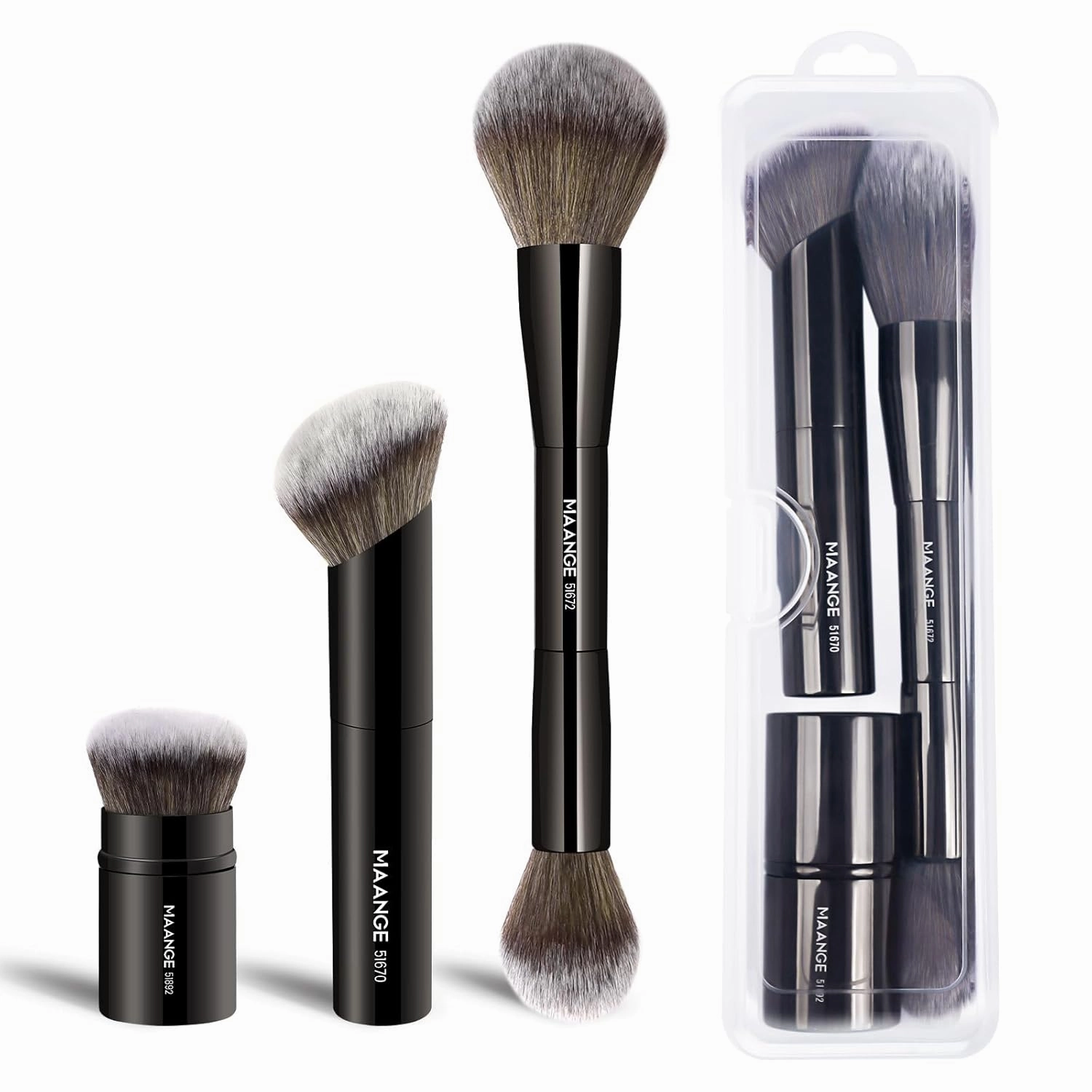 MAANGE 3 PCS Foundation Makeup Brush Set, Double-ended Kabuki Brush for Contour Liquid Powder Concealer Cream Cosmetics Blending Blush Buffing Face Makeup Tools (Black)