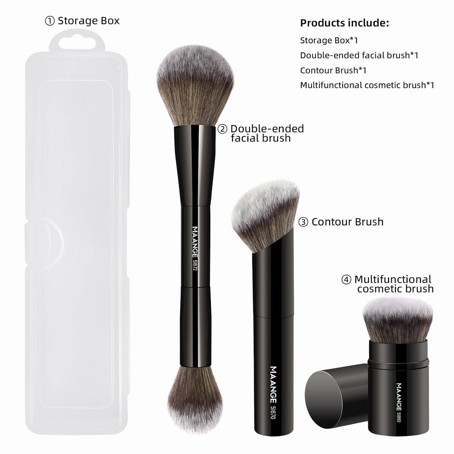 MAANGE 3 PCS Foundation Makeup Brush Set, Double-ended Kabuki Brush for Contour Liquid Powder Concealer Cream Cosmetics Blending Blush Buffing Face Makeup Tools (Black)