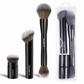 MAANGE 3 PCS Foundation Makeup Brush Set, Double-ended Kabuki Brush for Contour Liquid Powder Concealer Cream Cosmetics Blending Blush Buffing Face Makeup Tools (Black)