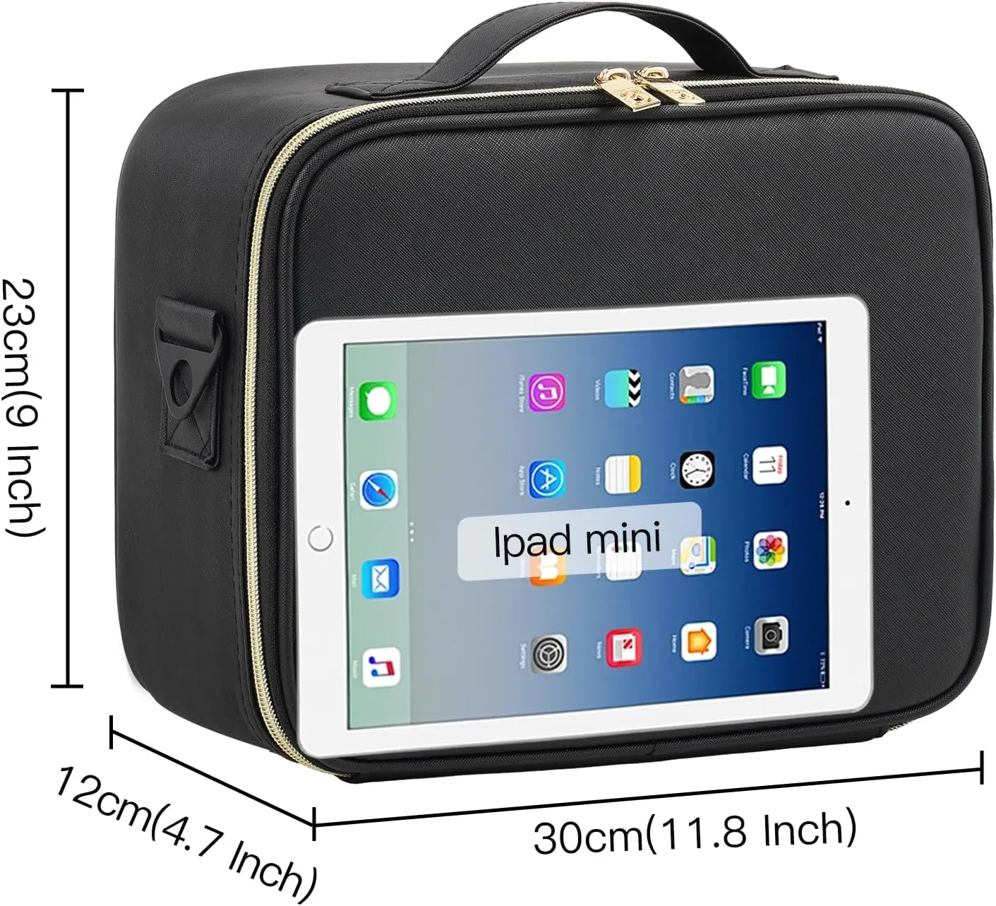 Makeup Travel Case, 12 Inch Makeup Organizer Bag with Compartment and Dividers, Portable Cosmetic Bag for Women with Brush Storage Sturdy Dual Zip Closure, Waterproof, Durable, Gift for Her, Black